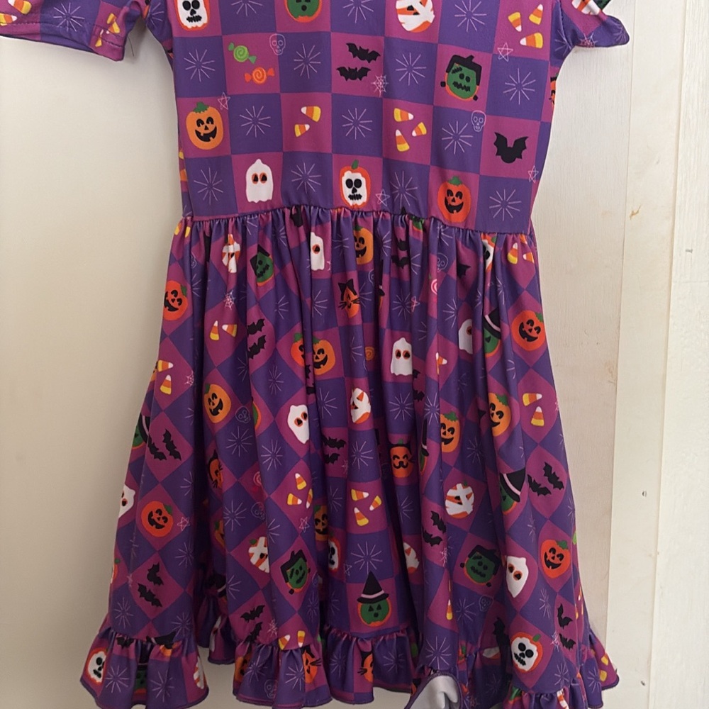 Girls' Purple Halloween Print Costume Dress with Pumpkins & Ghosts